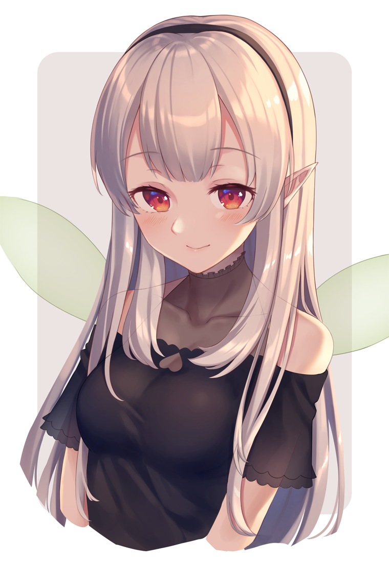 1girl alternate_costume bangs black_shirt blush breasts cleavage cleavage_cutout closed_mouth commentary elf elu_(nijisanji) fairy_wings hairband kawami_nami long_hair nijisanji pointy_ears red_eyes see-through shirt silver_hair simple_background smile solo upper_body very_long_hair virtual_youtuber wings