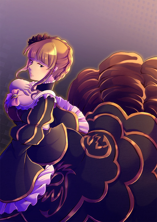 1girl azumi-kun beatrice black_dress black_eyes bow braid dress frills gold_trim gradient gradient_background hand_up long_sleeves looking_at_viewer pink_bow short_hair sidelocks solo tilted_headwea umineko_no_naku_koro_ni