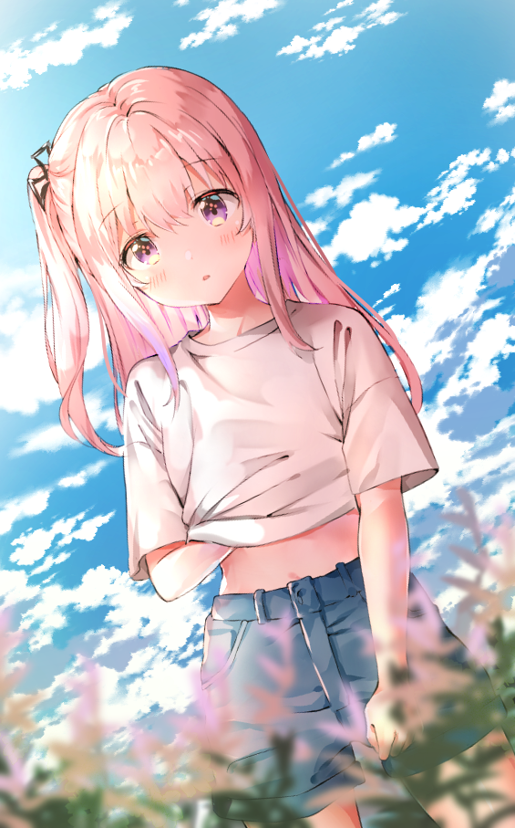 1girl :o alternate_costume bangs black_ribbon blue_shorts blue_sky blurry blurry_foreground blush casual clouds cloudy_sky cowboy_shot day depth_of_field dutch_angle eyebrows_visible_through_hair girls_frontline grey_shirt hair_between_eyes hair_ornament hair_ribbon hand_under_clothes hand_under_shirt long_hair looking_at_viewer melings_(aot2846) midriff navel one_side_up outdoors parted_lips pink_hair plant ribbon shirt short_shorts short_sleeves shorts sidelocks sky solo st_ar-15_(girls_frontline) standing sunlight violet_eyes white_shirt