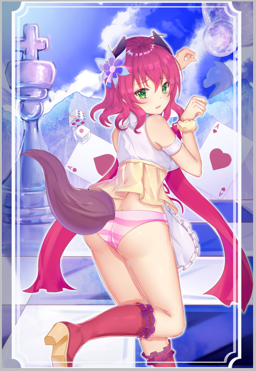 1girl animal_ears apron artist_request ass back boots card chess_piece commentary_request dice dog_ears dog_tail embarrassed fake_animal_ears fake_tail flower green_eyes hair_flower hair_ornament high_heels looking_at_viewer no_game_no_life no_pants open_mouth panties paw_pose pink_panties playing_card redhead short_hair solo standing standing_on_one_leg stephanie_dora tail underwear