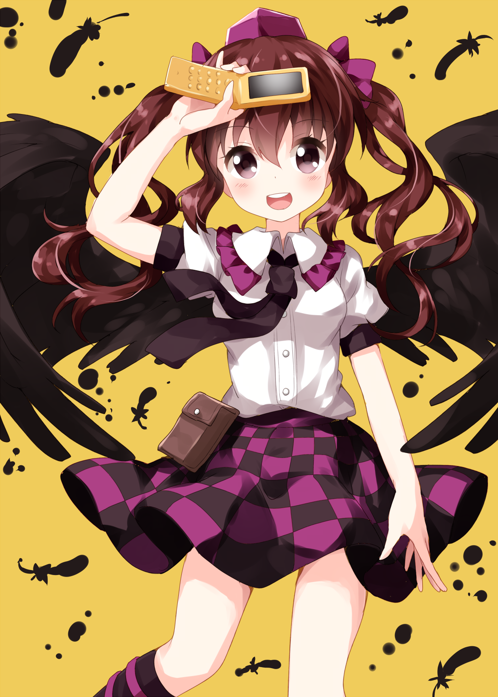 1girl :d arm_up black_legwear black_neckwear black_skirt black_wings blush bow breasts brown_eyes brown_hair cellphone checkered checkered_skirt commentary_request feathered_wings feathers feet_out_of_frame frilled_shirt_collar frills hair_bow hat highres himekaidou_hatate holding holding_phone kneehighs leg_ribbon long_hair looking_at_viewer medium_breasts miniskirt necktie open_mouth phone pouch puffy_short_sleeves puffy_sleeves purple_bow purple_ribbon purple_skirt ribbon ruu_(tksymkw) shirt short_sleeves sidelocks simple_background skirt smile solo thighs tokin_hat touhou twintails white_shirt wings yellow_background