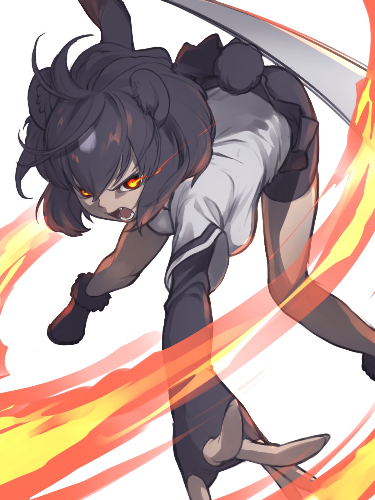 1girl animal_ears attack attacking_viewer bangs bare_legs bear_ears bear_tail bike_shorts black_hair brown_bear_(kemono_friends) commentary_request fangs fingerless_gloves fingernails fire foreshortening fur-trimmed_footwear fur_trim gloves glowing glowing_eyes grey_hair hair_between_eyes highres kemono_friends leaning_forward looking_at_viewer medium_hair microskirt multicolored_hair okojo_ojoko open_mouth outstretched_arms outstretched_hand red_eyes shirt shoes short_sleeves shorts shorts_under_skirt simple_background skirt solo spread_arms spread_fingers standing tail two-tone_hair v-shaped_eyebrows white_background