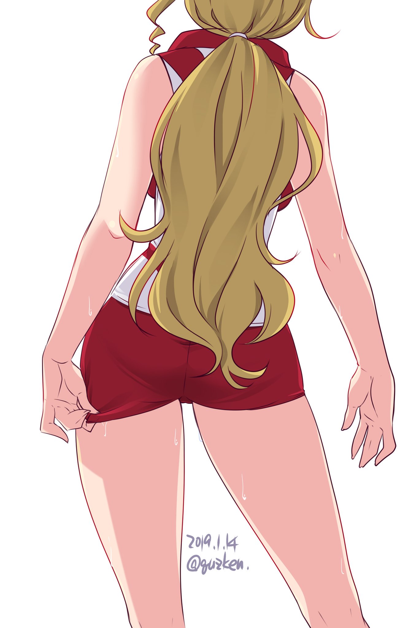 1girl adjusting_clothes adjusting_shorts ass back blonde_hair commentary dated from_behind girls_und_panzer hair_tie head_out_of_frame highres kneepits kuzuryuu_kennosuke long_hair looking_away pantylines ponytail red_shirt red_shorts sasaki_akebi shirt short_shorts shorts sleeveless sleeveless_shirt solo sportswear sweat thighs twitter_username volleyball_uniform