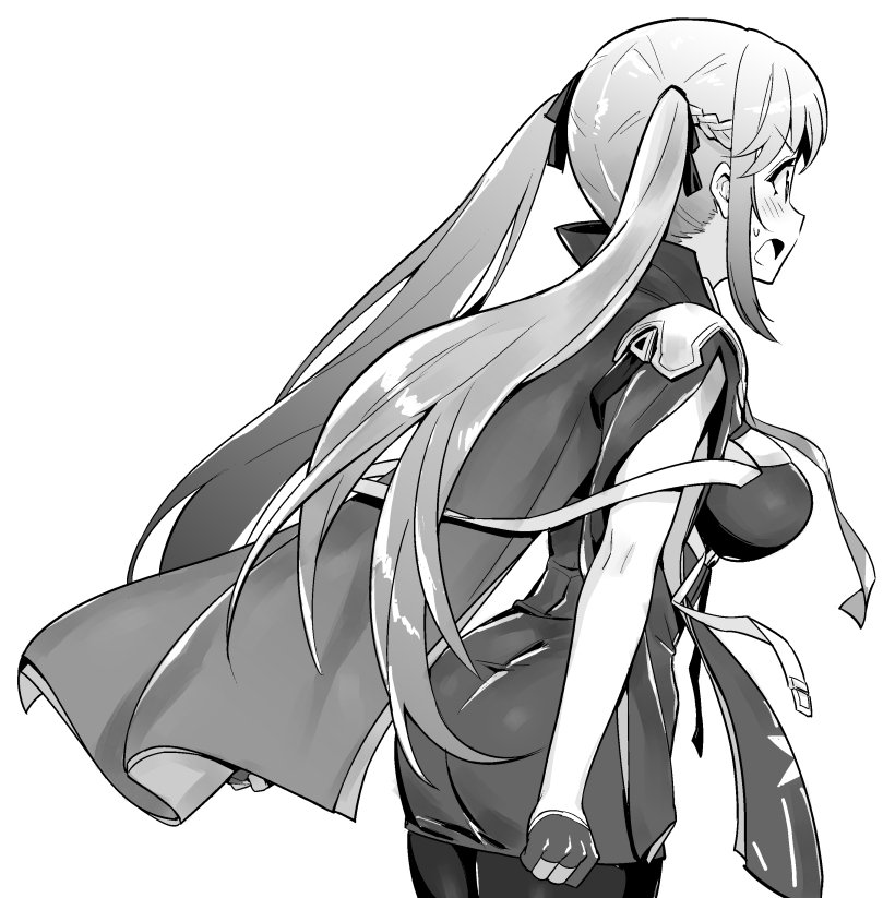 1girl ass azur_lane bangs blush braid breasts clenched_hand cloak dress essex_(azur_lane) gloves hair_ribbon hori_(hori_no_su) large_breasts long_hair monochrome necktie open_mouth pantyhose partly_fingerless_gloves ribbon simple_background solo twintails white_background