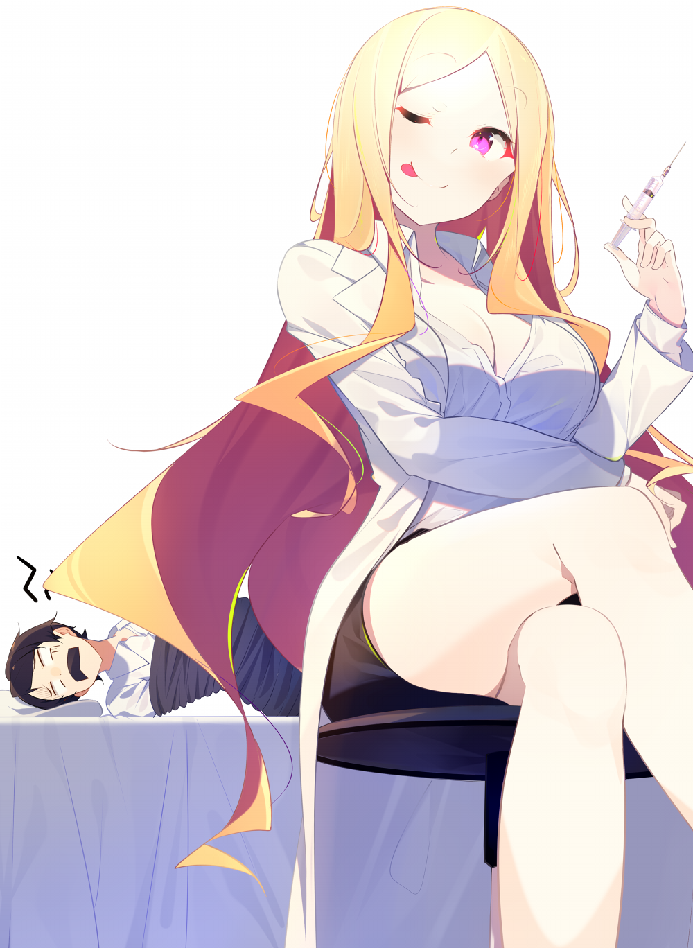 1boy 1girl :p bare_legs benio_(dontsugel) black_hair black_skirt blonde_hair blush bound breasts character_request cleavage closed_mouth colored_eyelashes femdom gag highres holding holding_syringe improvised_gag labcoat large_breasts legs_crossed long_hair looking_at_viewer miniskirt multicolored_hair on_bed pencil_skirt purple_hair restrained shirt side_ponytail simple_background sitting skirt smile solo_focus stool syringe tape tape_gag tied_up tongue tongue_out turn_pale two-tone_hair very_long_hair violet_eyes white_background white_shirt yuujin_kyara_wa_taihen_desu_ka?