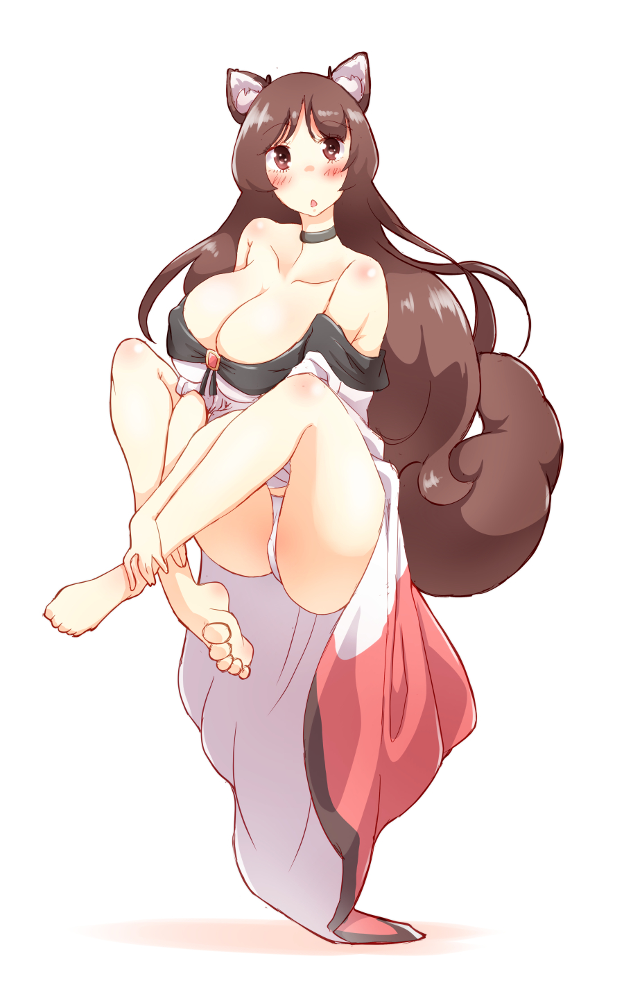 1girl animal_ears ass bare_shoulders barefoot blush breasts brown_eyes brown_hair choker cleavage collarbone detached_sleeves dress erect_nipples eyebrows_visible_through_hair floating full_body highres imaizumi_kagerou large_breasts levitation long_hair no_bra no_pants non_(z-art) open_mouth panties pantyshot simple_background solo tail touhou triangle_mouth underwear white_background white_panties