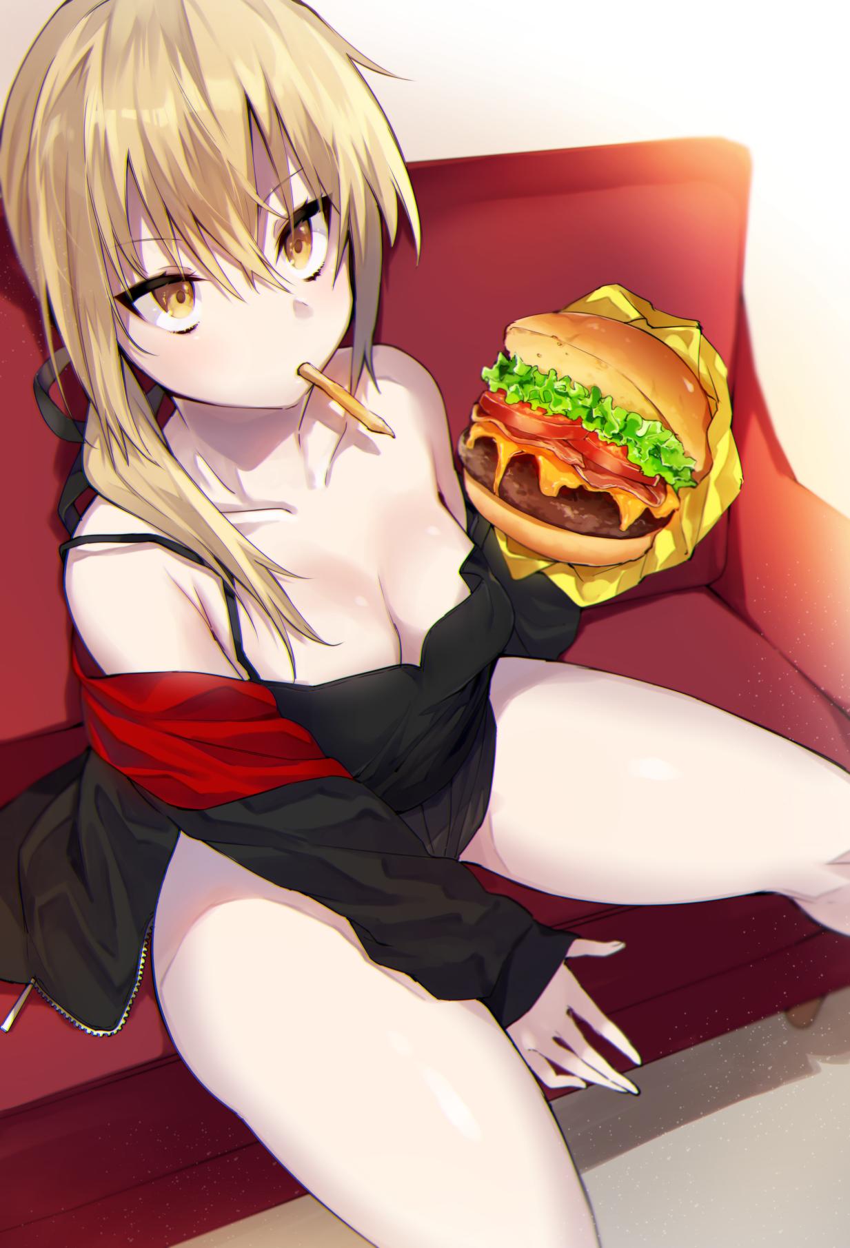 1girl artoria_pendragon_(all) blonde_hair breasts cleavage couch eating fate/grand_order fate_(series) food french_fries hair_ribbon hamburger highres iriehana jacket medium_breasts pale_skin ribbon saber_alter short_hair shorts sitting yellow_eyes