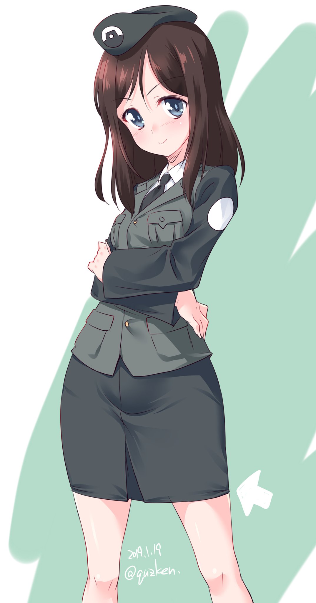 1girl bangs beret black_hat black_jacket black_neckwear black_skirt brown_hair closed_mouth commentary_request crossed_arms dated directional_arrow dress_shirt emblem eyebrows_visible_through_hair girls_und_panzer hat head_tilt highres jacket japanese_tankery_league_(emblem) kuzuryuu_kennosuke light_blush long_hair long_sleeves looking_at_viewer megumi_(girls_und_panzer) military military_hat military_uniform miniskirt necktie partial_commentary pencil_skirt selection_university_military_uniform shirt skirt smirk solo standing swept_bangs twitter_username uniform white_background white_shirt wing_collar