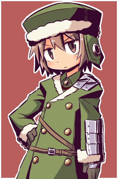 :&lt; bangs black_gloves blush brown_background brown_eyes brown_hair closed_mouth collared_shirt commentary_request dress_shirt eyebrows_visible_through_hair fur-trimmed_hat fur_trim gloves green_coat green_hat green_shirt gunner hair_between_eyes hand_on_hip hat head_tilt long_sleeves looking_at_viewer naga_u outline sekaiju_no_meikyuu shirt simple_background v-shaped_eyebrows white_outline