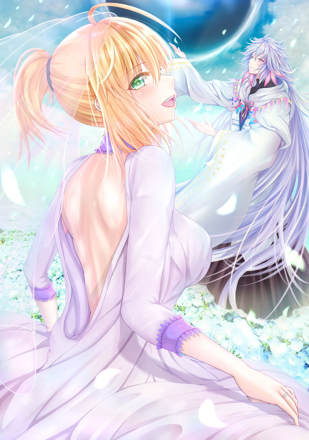 1boy 1girl :d absurdly_long_hair ahoge artoria_pendragon_(all) backless_dress backless_outfit blonde_hair brown_eyes dress eyebrows_visible_through_hair fate/grand_order fate_(series) field flower flower_field from_behind green_eyes hair_between_eyes hair_ornament highres jewelry long_hair long_sleeves merlin_(fate/prototype) open_mouth outdoors penguintake ponytail ring saber_lily sidelocks silver_hair smile very_long_hair wedding_band white_dress white_flower