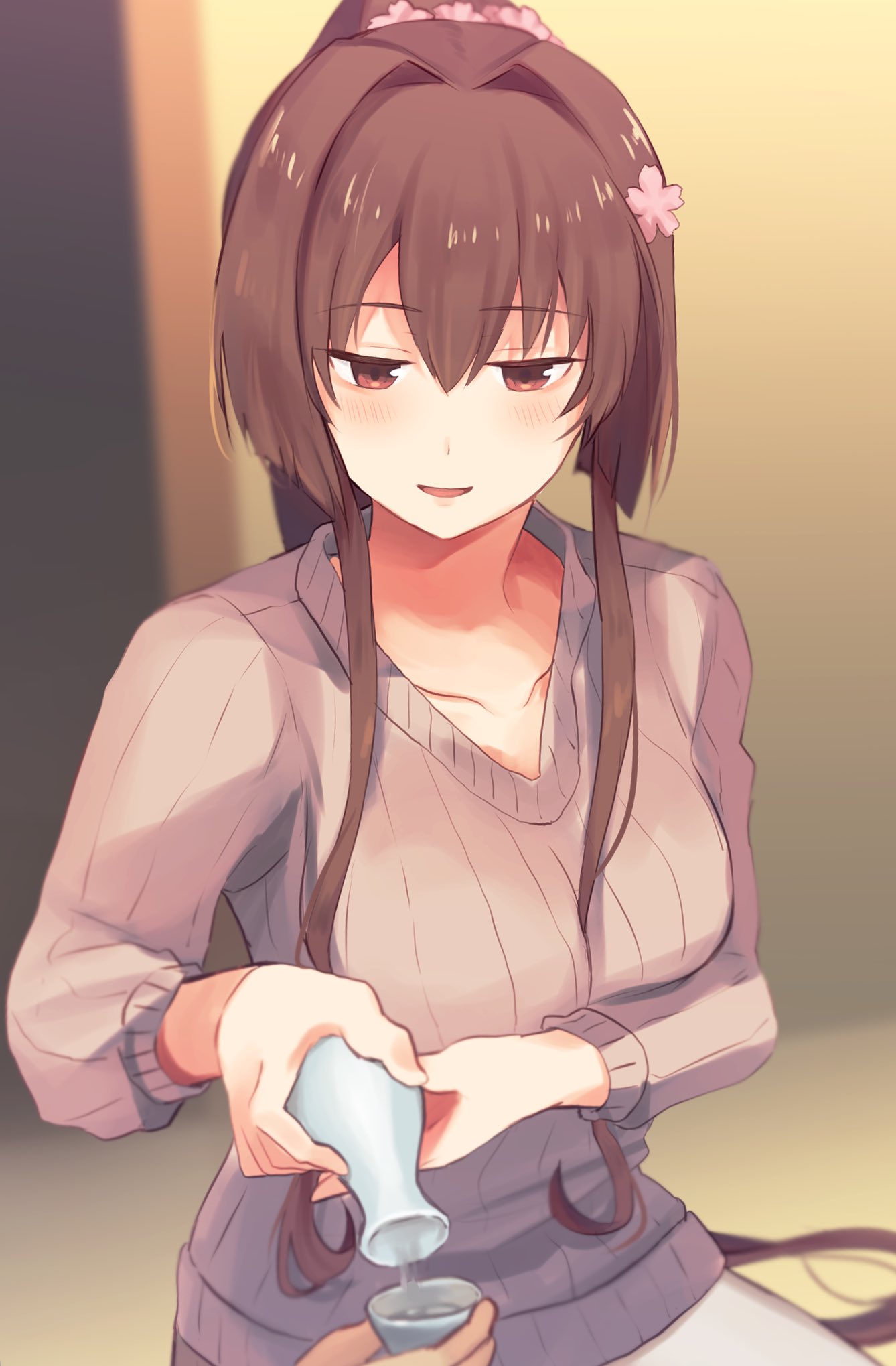 1girl beige_sweater blush breasts brown_hair casual cleavage collarbone drinking flower hair_between_eyes hair_flower hair_intakes hair_ornament highres indoors kantai_collection large_breasts long_hair looking_at_viewer pants ponytail pouring pov ribbed_sweater senbei_(senbe_i) sidelocks smile solo sweater very_long_hair violet_eyes white_pants yamato_(kantai_collection)