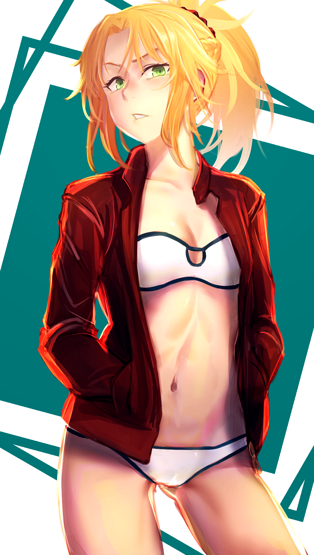 1girl blonde_hair bra braid breasts cleavage collarbone contrapposto fate/grand_order fate_(series) gluteal_fold green_eyes hands_in_pockets head_tilt highres i-pan jacket long_hair looking_at_viewer mordred_(fate) mordred_(fate)_(all) navel panties ponytail scrunchie sidelocks small_breasts solo underwear