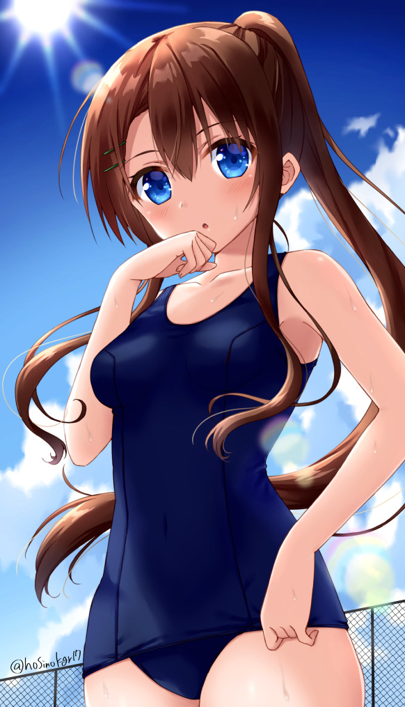 1girl :o armpits bangs bare_arms bare_shoulders blue_sky blue_swimsuit blush breasts brown_hair chain-link_fence clouds collarbone covered_navel cowboy_shot day eyebrows_visible_through_hair fence from_below hair_ornament hairclip hand_on_own_face hoshino_kagari long_hair looking_at_viewer looking_down original outdoors parted_lips ponytail school_swimsuit sidelocks sky small_breasts solo sun sweat swimsuit twitter_username very_long_hair