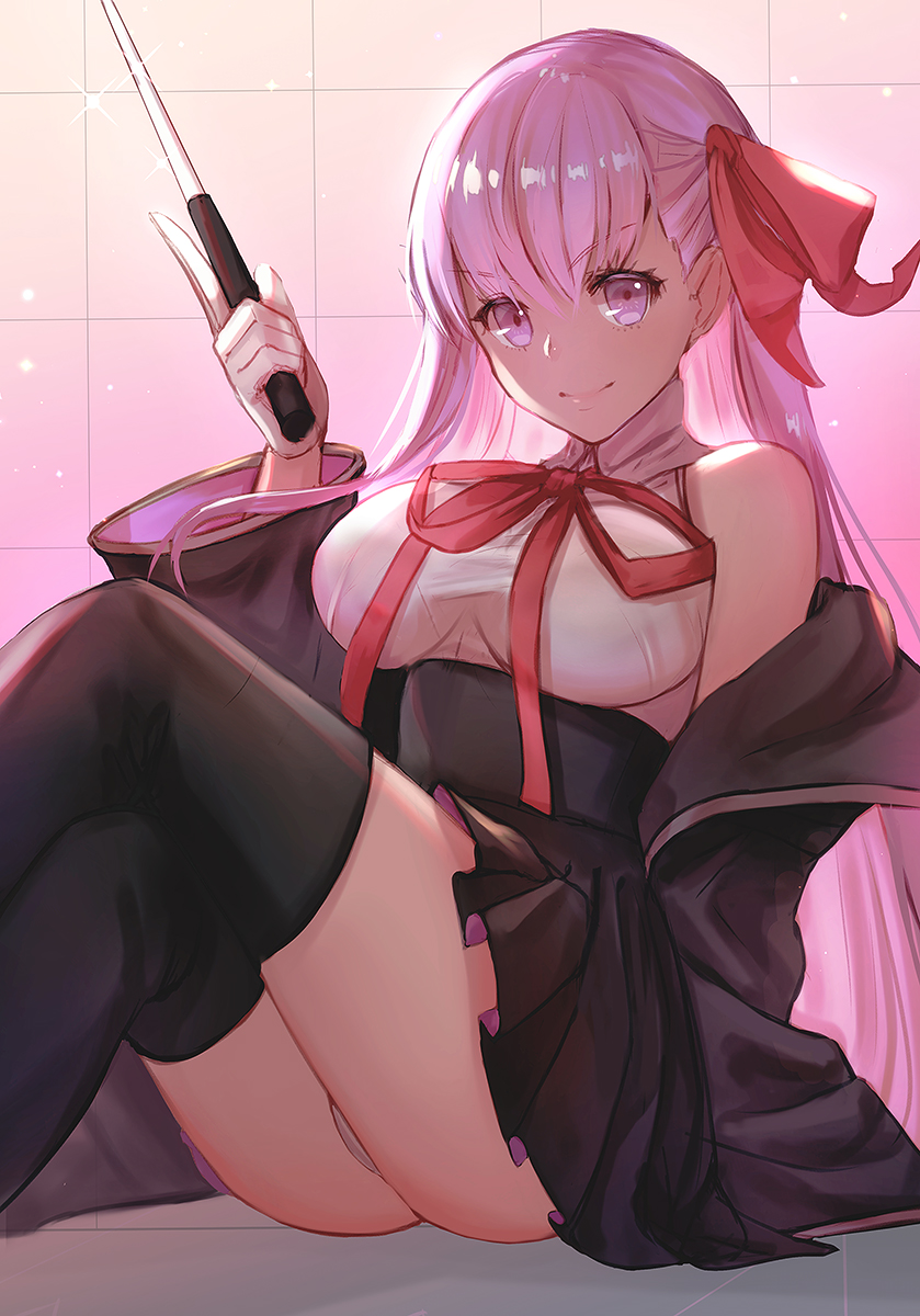 1girl ass bangs bare_shoulders bb_(fate)_(all) bb_(fate/extra_ccc) black black_coat black_footwear blush boots breasts closed_mouth coat dolce_(dolsuke) fate/extra fate/extra_ccc fate_(series) gloves hair_ribbon high-waist_skirt highres large_breasts leotard long_hair long_sleeves looking_at_viewer neck_ribbon off_shoulder open_clothes open_coat purple_hair red_ribbon ribbon skirt smile solo thigh-highs thigh_boots thighs violet_eyes wand white_gloves white_leotard