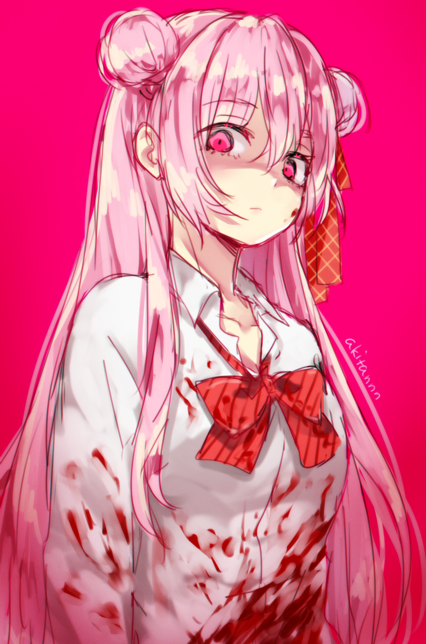 1girl artist_name blood blood_on_face blood_splatter bloody_clothes bow collarbone double_bun dress_shirt eyebrows_visible_through_hair hair_ribbon happy_sugar_life highres long_hair looking_at_viewer matsuzaka_satou glasses_shinchuu pink_background pink_eyes pink_hair red_bow red_ribbon ribbon shiny shiny_hair shirt simple_background solo striped striped_neckwear upper_body very_long_hair white_shirt yandere