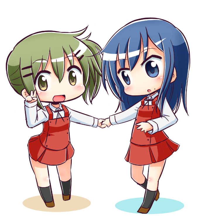 2girls :d :o bangs black_legwear black_ribbon blue_eyes blue_hair blush brown_footwear collared_shirt colored_shadow commentary_request eyebrows_visible_through_hair green_eyes green_hair hair_between_eyes hair_ornament hairclip hand_holding hand_up hidamari_sketch kneehighs long_hair long_sleeves mami_(hidamari_sketch) mole multiple_girls naga_u nakayama_(hidamari_sketch) neck_ribbon open_mouth parted_lips pleated_skirt red_skirt red_vest ribbon school_uniform shadow shirt side_ponytail sidelocks skirt sleeves_past_wrists smile standing standing_on_one_leg v vest white_background white_shirt