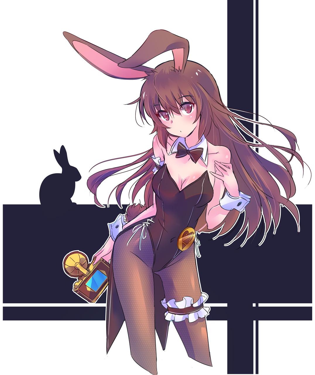 1girl animal_ears bare_shoulders bow bowtie breasts brown_eyes brown_hair brown_legwear bunny_girl bunny_tail bunnysuit camera cleavage coattails covered_navel detached_collar fishnet_pantyhose fishnets highres iesupa leotard long_hair pantyhose rabbit_ears rwby single_garter solo strapless strapless_leotard tail velvet_scarlatina wrist_cuffs