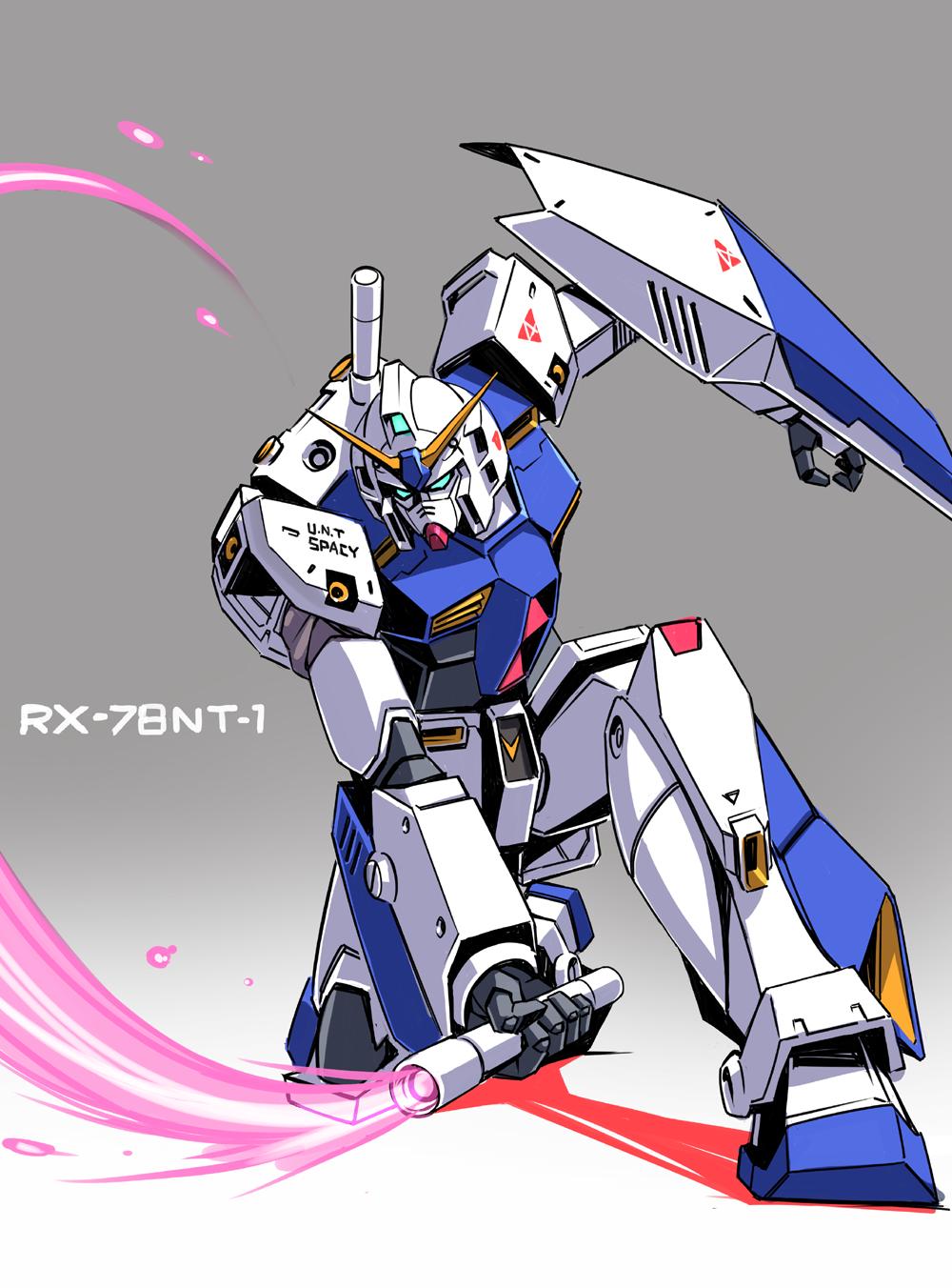 beam_saber blue_eyes character_name commentary_request energy_sword english_text gundam gundam_0080 gundam_alex highres mecha no_humans shield suzutsuki_kurara sword weapon