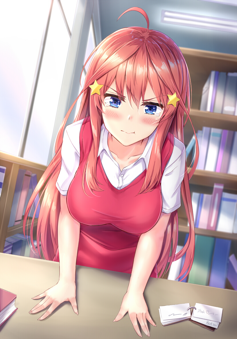 1girl ahoge bangs blue_eyes blush book bookshelf breasts collarbone eyebrows_visible_through_hair fingernails go-toubun_no_hanayome hair_between_eyes hair_ornament indoors library long_hair looking_at_viewer medium_breasts muwa12 nakano_itsuki red_sweater redhead shirt short_sleeves sleeveless_sweater solo star star_hair_ornament sweater table white_shirt window