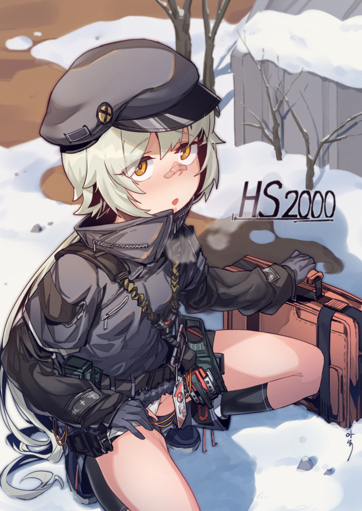 1girl aningay bandaid bandaid_on_nose beret black_gloves black_hat black_jacket black_legwear boots eyebrows_visible_through_hair eyes_visible_through_hair girls_frontline gloves hat hs2000_(girls_frontline) jacket kneehighs long_sleeves panties parted_lips short_hair snow solo squatting underwear white_panties yellow_eyes