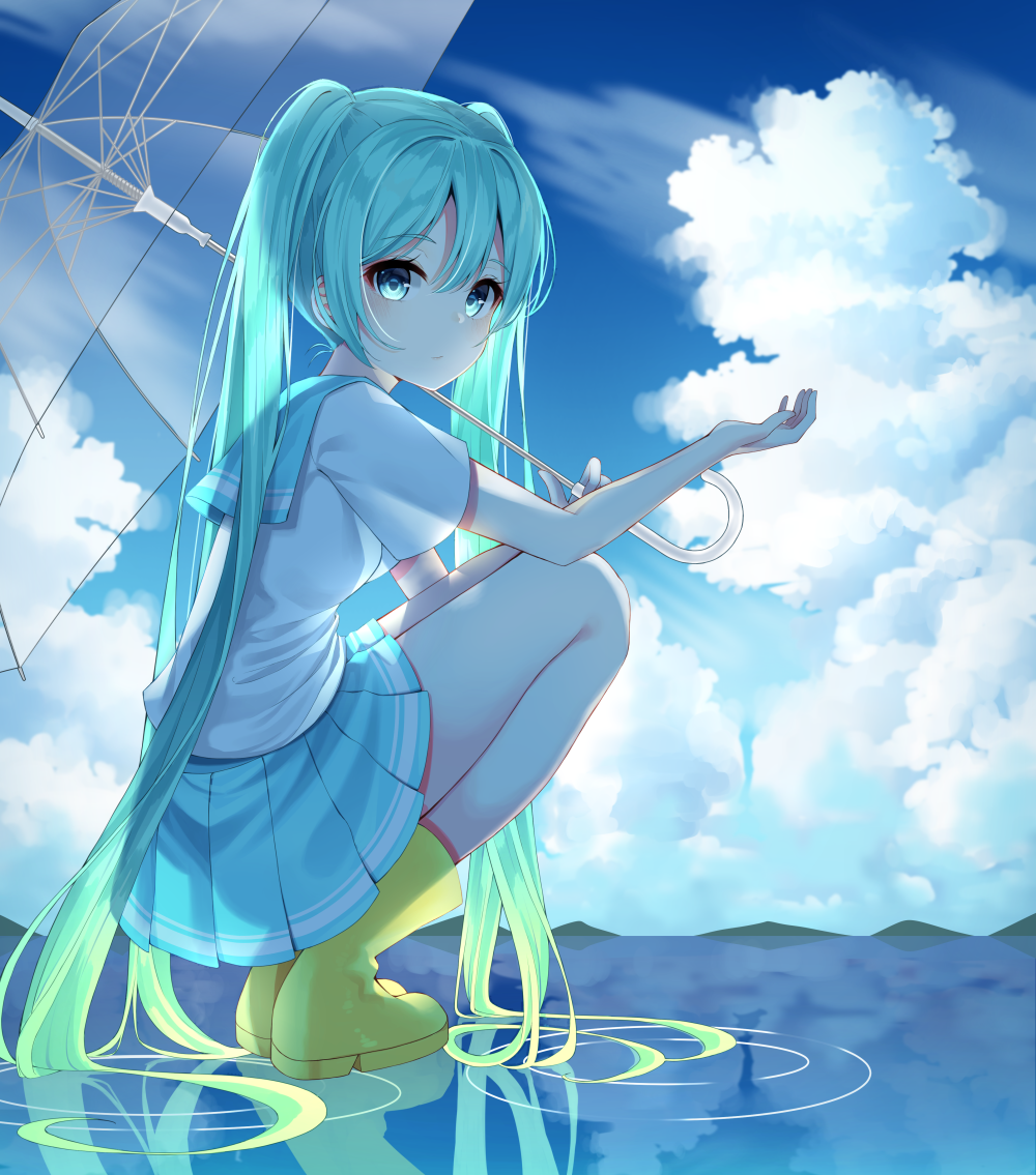 1girl aqua_eyes aqua_hair aqua_neckwear aqua_skirt blush boots closed_mouth clouds cloudy_sky day from_side full_body hatsune_miku holding holding_umbrella inhoya2000 light_smile long_hair looking_at_viewer looking_to_the_side miniskirt mountainous_horizon outdoors outstretched_hand pleated_skirt ripples rubber_boots school_uniform serafuku shirt short_sleeves skirt sky solo squatting transparent transparent_umbrella twintails umbrella very_long_hair vocaloid water white_shirt yellow_footwear