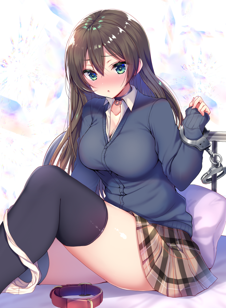 1girl ayuma_sayu black_cardigan black_choker black_legwear blush breasts brown_hair brown_skirt buttons cardigan choker closed_mouth collarbone collared_shirt commentary_request cuffs eyebrows_visible_through_hair green_eyes hair_between_eyes hand_up handcuffs heart heart-shaped_pupils knee_up large_breasts leash long_hair long_sleeves looking_at_viewer miniskirt nose_blush original panties panties_around_leg parted_lips plaid plaid_skirt pleated_skirt railing restrained school_uniform shiny shiny_hair shirt sidelocks sitting skirt sleeves_past_wrists solo symbol-shaped_pupils thigh-highs underwear white_panties white_shirt