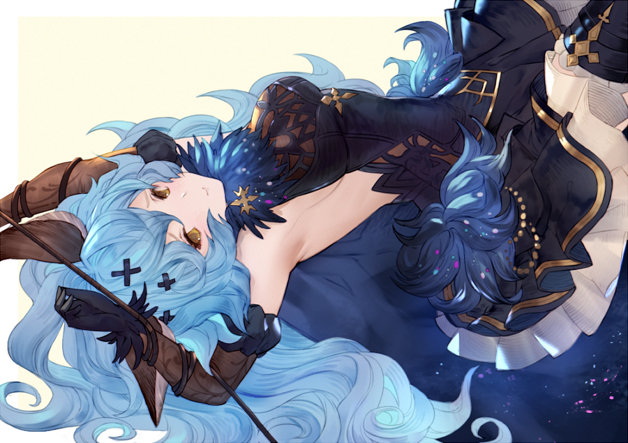 1girl animal_ears armpits backless_dress backless_outfit bare_shoulders blue_hair breasts brown_eyes dress elbow_gloves ferry_(granblue_fantasy) gloves granblue_fantasy layered_dress long_hair looking_at_viewer nido_celisius sideboob smile solo thigh-highs wavy_hair whip white_background