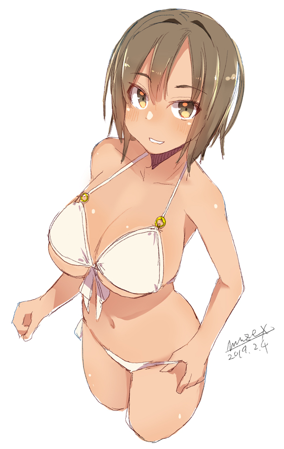 1girl bangs bare_arms bare_shoulders bikini blush breasts brown_eyes brown_hair cleavage collarbone cropped_legs dated eyebrows_visible_through_hair front-tie_bikini front-tie_top hair_between_eyes large_breasts looking_at_viewer maze_(gochama_ze_gohan) navel o-ring o-ring_bikini o-ring_top original signature simple_background solo swimsuit tan white_background white_bikini