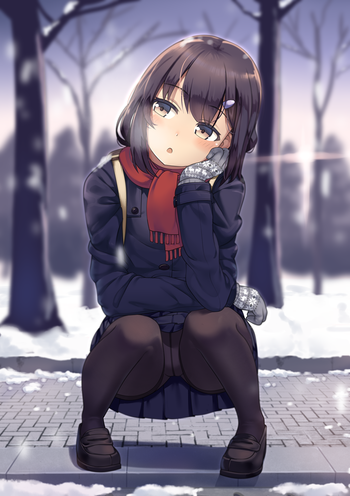 1girl :o bangs bare_tree blue_jacket blue_skirt blurry blurry_background blush breath brown_eyes brown_footwear brown_hair brown_legwear commentary depth_of_field eyebrows_visible_through_hair full_body gloves grey_gloves hair_ornament hairclip hand_up head_tilt jacket loafers long_hair long_sleeves looking_away looking_to_the_side original outdoors panties panties_under_pantyhose pantyhose parted_lips pigeon-toed pleated_skirt shoes skirt snow solo squatting sunset too-ye tree underwear