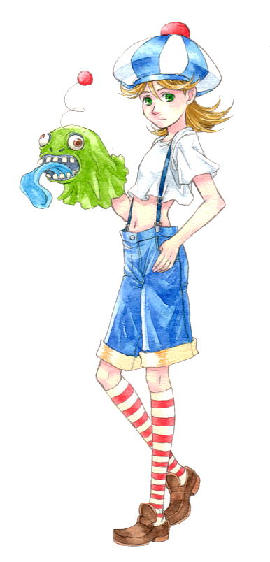 1girl blonde_hair breath_of_fire breath_of_fire_iv closed_mouth commentary_request denim hat jeans kikimimi_612 looking_at_viewer midriff navel oshieta_girl pants puppet shirt short_hair simple_background solo suspenders traditional_media watercolor_(medium) white_background white_shirt
