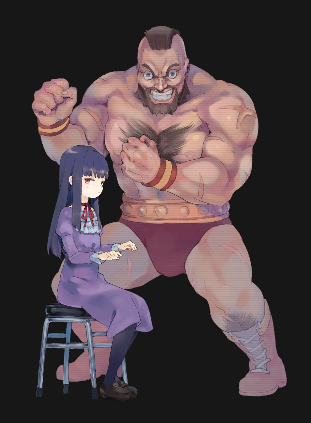 1boy 1girl beard black_background black_hair black_legwear blue_eyes brown_footwear brown_hair chest_hair clenched_hand clenched_teeth dress facial_hair hands_up high_score_girl highres long_sleeves looking_at_viewer mohawk muscle oono_akira pantyhose purple_dress red_eyes red_ribbon ribbon scar sidelocks sitting street_fighter teeth urayamashiro_(artist) wristband zangief