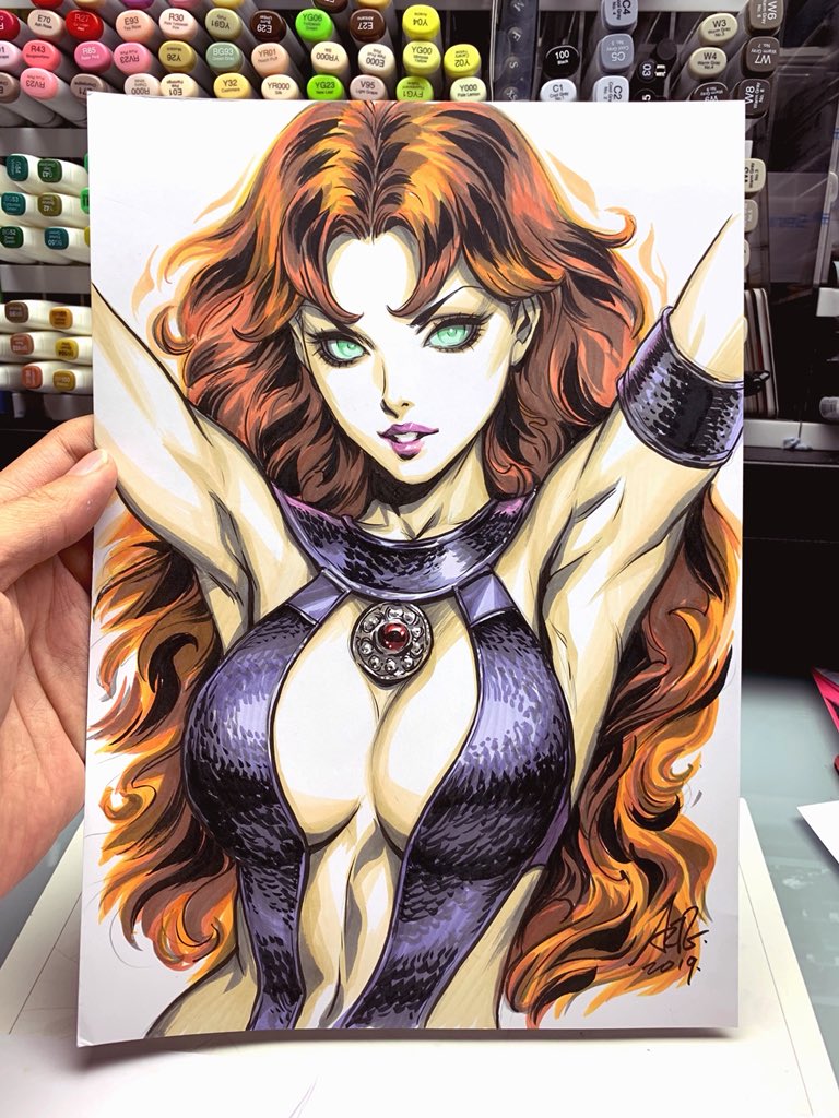 1girl bangs breasts center_opening dated dc_comics green_eyes large_breasts lips long_hair looking_at_viewer navel orange_hair parted_lips photo signature solo stanley_lau starfire teen_titans traditional_media upper_body