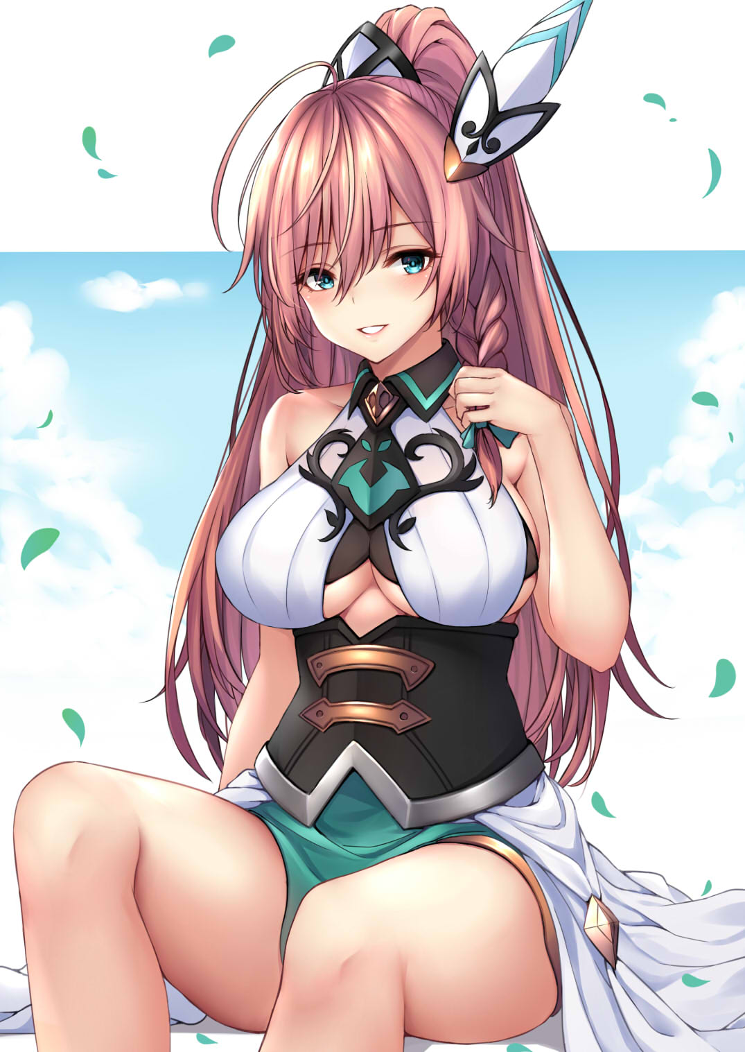 1girl antenna_hair bare_shoulders blue_sky blush braid breasts brown_hair character_request cleavage clouds collarbone corset dragalia_lost eyebrows_visible_through_hair green_eyes high_ponytail highres large_breasts long_hair looking_at_viewer parted_lips sideboob sitting sky sleeveless smile solo thighs under_boob very_long_hair ym_(distance819)