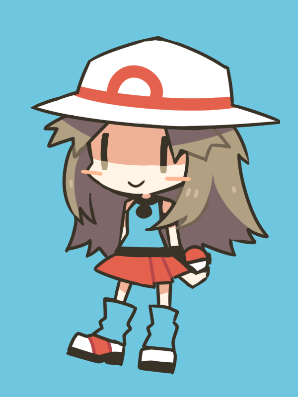 1girl ball bangs black_eyes blue_(pokemon) blue_legwear blue_shirt blush_stickers breasts brown_hair chibi closed_mouth creatures_(company) dadadanoda full_body game_freak happy hat holding holding_ball holding_poke_ball leg_warmers long_hair miniskirt nintendo parted_bangs poke_ball poke_ball_(generic) pokemon pokemon_(game) pokemon_frlg red_skirt shirt sidelocks skirt small_breasts smile solo white_hat