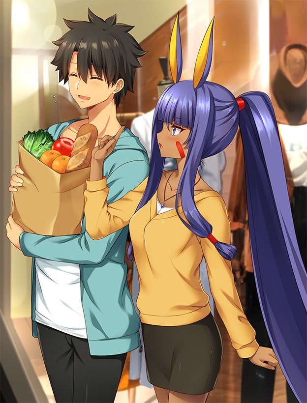 1boy 1girl animal_ears any_(trueblue) apple bag black_hair black_pants black_skirt blue_eyes blue_jacket blush bread breasts casual closed_eyes collarbone commentary_request dark_skin eyebrows_visible_through_hair facial_mark fate/grand_order fate_(series) food fruit fujimaru_ritsuka_(male) hair_between_eyes hair_ribbon holding jackal_ears jacket long_hair medium_breasts nitocris_(fate/grand_order) open_clothes open_mouth orange pants paper_bag ponytail purple_hair red_ribbon ribbon shirt skirt spiky_hair white_shirt