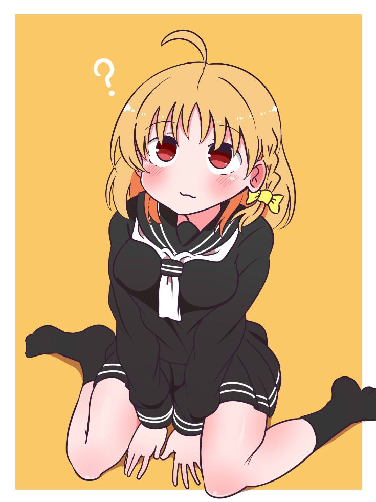 1girl ? ahoge bangs black_blouse black_legwear black_skirt blouse blush braid breasts closed_mouth double_horizontal_stripe eyebrows_visible_through_hair hair_ribbon kumaneko_(kumaneko1138) looking_at_viewer love_live! love_live!_sunshine!! medium_breasts medium_hair miniskirt neckerchief no_shoes orange_hair outside_border pleated_skirt print_skirt red_eyes ribbon school_uniform serafuku side_braid sitting skirt smile socks solo takami_chika uranohoshi_school_uniform wariza white_neckwear yellow_background yellow_ribbon