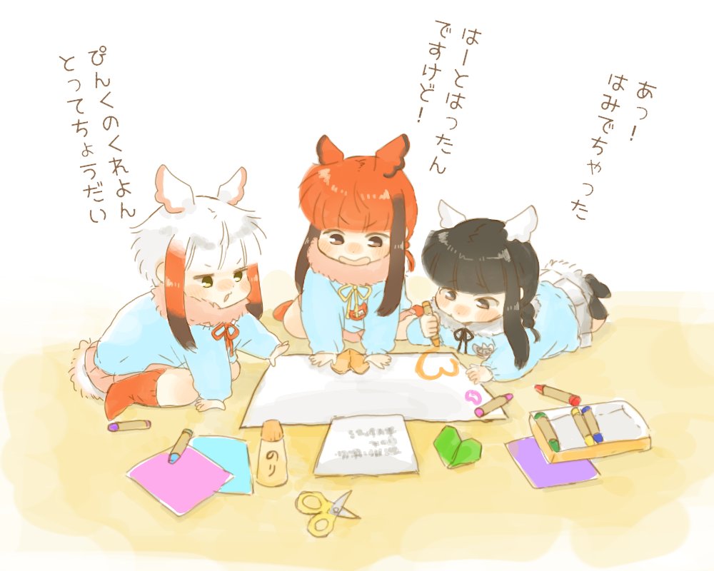 3girls adapted_costume apron bangs bird_wings black-headed_ibis_(kemono_friends) braid child comic commentary_request crayon drawing fur_collar hair_tie head_wings japanese_crested_ibis_(kemono_friends) kemono_friends kindergarten_uniform long_sleeves moeki_(moeki0329) multicolored_hair multiple_girls neck_ribbon paper ponytail redhead ribbon scarlet_ibis_(kemono_friends) scissors shirt short_sleeves sidelocks socks t-shirt translation_request twin_braids twintails white_hair wings younger