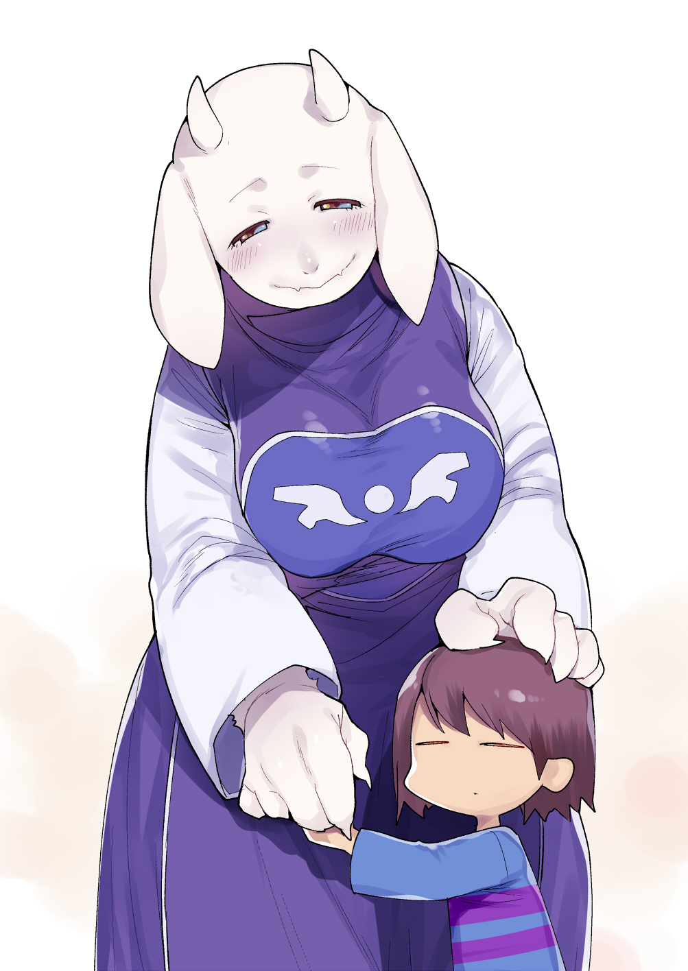 1girl 1other androgynous animal_ears blue_eyes breasts brown_hair closed_eyes frisk_(undertale) goat_ears goat_girl highres horns hug large_breasts mogiki_hayami monster_girl shirt smile striped striped_shirt toriel undertale