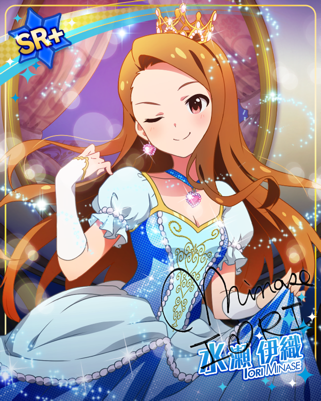 blush brown_hair dress idolmaster idolmaster_million_live! idolmaster_million_live!_theater_days long_hair minase_iori red_eyes smile wink