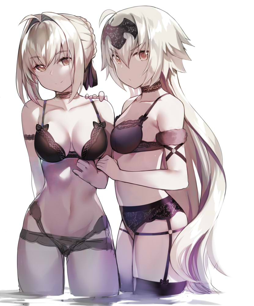 2girls ahoge alternate_breast_size arms_behind_back black_bra boyshorts bra breasts choker closed_mouth cowboy_shot eyebrows_visible_through_hair fate/grand_order fate_(series) from_side garter_belt gendo0032 hair_intakes headpiece jeanne_d'arc_(alter)_(fate) jeanne_d'arc_(fate)_(all) long_hair medium_breasts multiple_girls navel nero_claudius_(fate) nero_claudius_(fate)_(all) no_panties purple_bra purple_legwear short_hair silver_hair single_thighhigh smile thigh-highs underwear underwear_only v-shaped_eyebrows very_long_hair wading work_in_progress