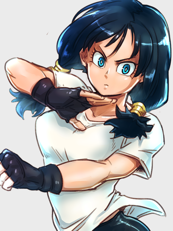 1girl black_gloves black_hair blue_eyes clenched_hand dragon_ball dragonball_z eyelashes fighting_stance fingerless_gloves floating_hair frown gloves grey_background looking_away serious shaded_face shirt short_sleeves simple_background solo st62svnexilf2p9 twintails upper_body videl white_shirt