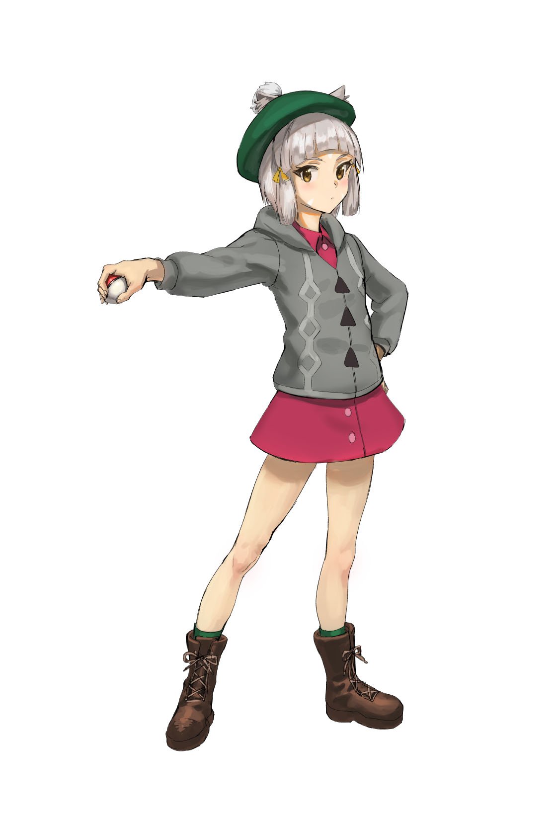 1girl animal_ears athenawyrm bag bangs blush brown_hair cat_ears cosplay creatures_(company) female_protagonist_(pokemon_swsh) full_body game_freak green_hat hat highres long_sleeves nintendo niyah pokemon pokemon_(game) pokemon_swsh shirt short_hair silver_hair simple_background solo tam_o'_shanter xenoblade_(series) xenoblade_2 yellow_eyes