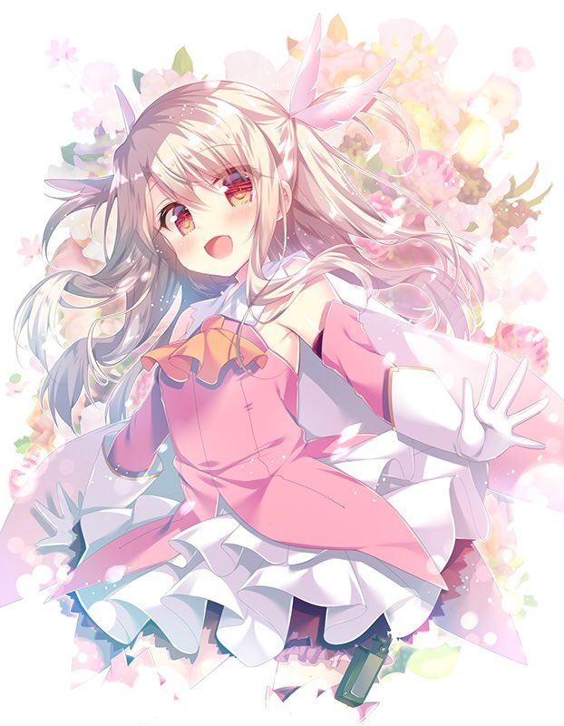 1girl :d ascot bangs blonde_hair blush cape commentary_request detached_sleeves fate/kaleid_liner_prisma_illya fate_(series) feathers floral_background gloves hair_feathers holster long_hair long_sleeves looking_at_viewer mitsumomo_mamu open_mouth outstretched_arms prisma_illya red_eyes smile solo spread_arms thigh_holster two_side_up white_cape white_feathers white_gloves yellow_neckwear