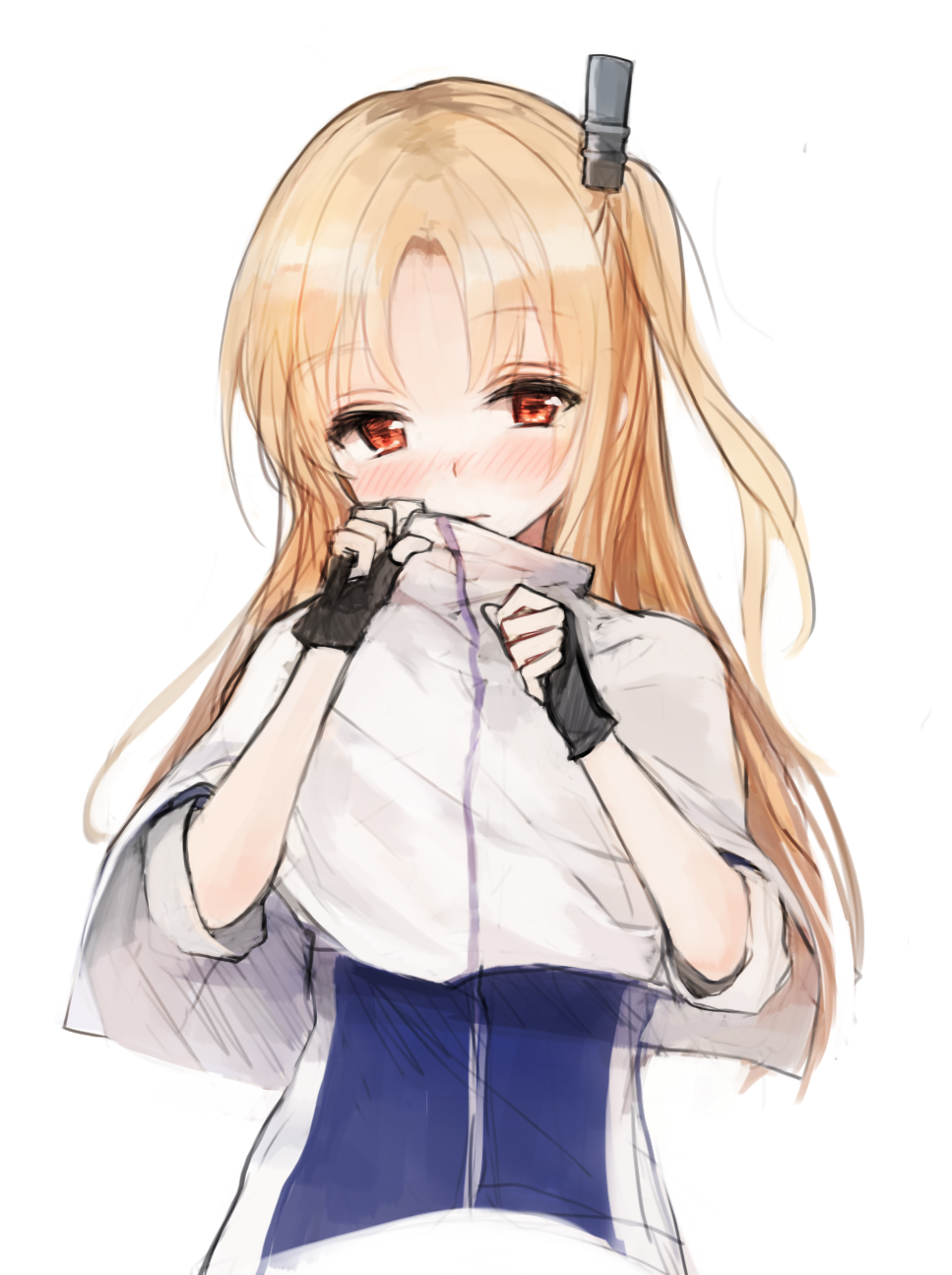 1girl azur_lane black_gloves blonde_hair blush broche_(timpet) capelet cleveland_(azur_lane) closed_mouth eyebrows_visible_through_hair fingerless_gloves gloves hair_ornament hands_up highres long_hair looking_at_viewer nose_blush one_side_up red_eyes simple_background sleeves_past_elbows solo straight_hair upper_body white_background white_capelet