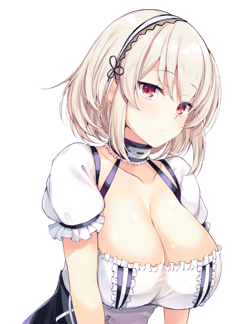 1girl anchor azur_lane bangs black_choker blush breasts buttons choker cleavage closed_mouth collarbone commentary_request dress expressionless eyebrows_visible_through_hair frilled_sleeves frills hair_between_eyes hairband kaniya_shiku lace-trimmed_hairband large_breasts looking_at_viewer maid puffy_short_sleeves puffy_sleeves red_eyes ribbon short_hair short_sleeves sidelocks simple_background sirius_(azur_lane) solo upper_body white_background white_hair