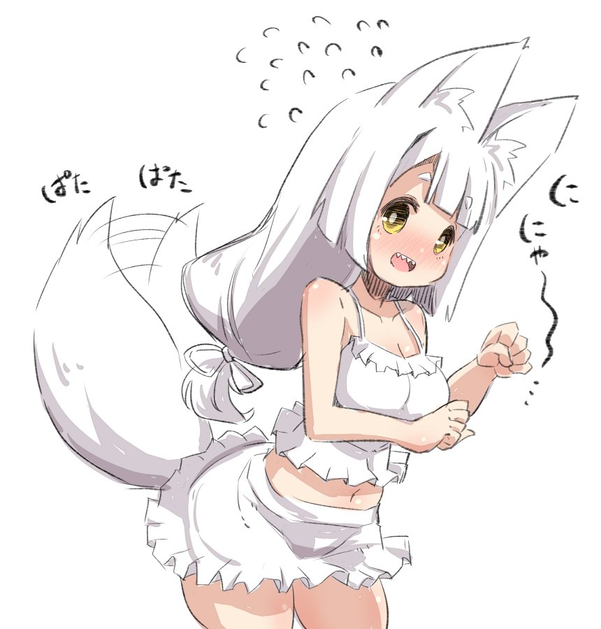 1girl :d afterimage animal_ears bangs bare_arms bare_shoulders blush breasts camisole cleavage commentary_request eyebrows_visible_through_hair flying_sweatdrops fox_ears fox_girl fox_tail frilled_skirt frills hair_ribbon long_hair looking_at_viewer low-tied_long_hair medium_breasts midriff navel nose_blush open_mouth original ribbon sharp_teeth short_eyebrows simple_background skirt smile solo tail tail_raised tail_wagging teeth thick_eyebrows translated u-non_(annon'an) very_long_hair white_background white_camisole white_hair white_ribbon white_skirt yellow_eyes