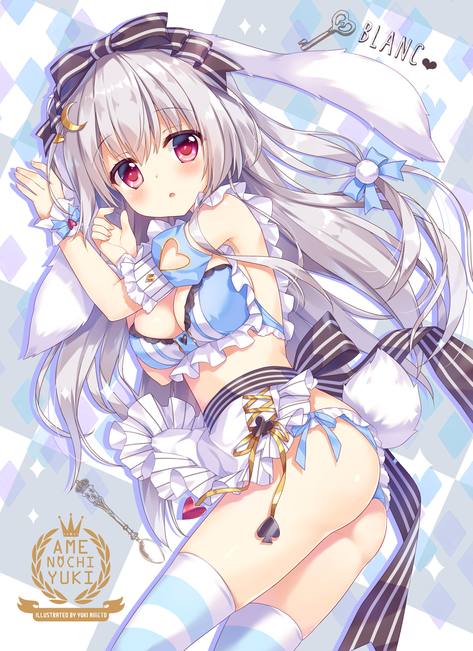 1girl :o ameto_yuki animal_ears apron arm_up artist_name ass bangs bare_shoulders blanc_(ameto_yuki) blue_bow blue_bra blue_panties blue_sleeves blush bow bra breasts brown_bow bunny_girl bunny_tail cleavage club_(shape) commentary_request crescent crescent_hair_ornament cross-laced_clothes detached_sleeves dutch_angle eyebrows_visible_through_hair fingernails frilled_apron frills grey_hair hair_between_eyes hair_bow hair_ornament hand_up heart heart_cutout highres key long_hair looking_at_viewer looking_to_the_side medium_breasts original panties parted_lips puffy_short_sleeves puffy_sleeves rabbit_ears red_eyes short_sleeves solo spade_(shape) sparkle spoon striped striped_bow striped_legwear tail thigh-highs underwear very_long_hair white_apron wrist_cuffs