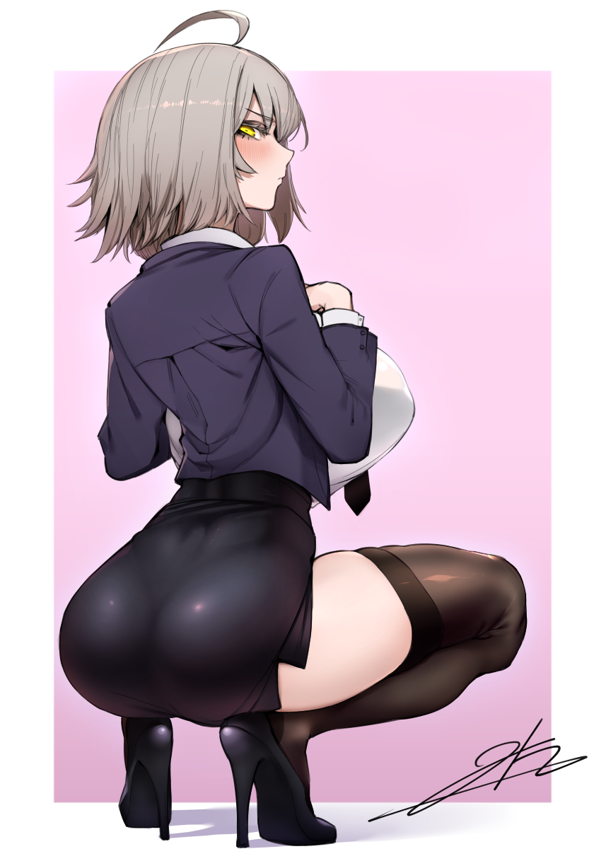 1girl ahoge alternate_costume ass bangs black_jacket black_legwear black_neckwear blush breasts closed_mouth commentary_request eyebrows_visible_through_hair fate/grand_order fate_(series) from_behind full_body grey_hair hands_on_own_chest high_heels highres j.k. jacket jeanne_d'arc_(alter)_(fate) jeanne_d'arc_(fate)_(all) large_breasts looking_at_viewer looking_back miniskirt necktie office_lady open_clothes open_jacket pink_background profile shirt short_hair side_slit signature simple_background skirt solo spread_legs squatting thigh-highs white_shirt