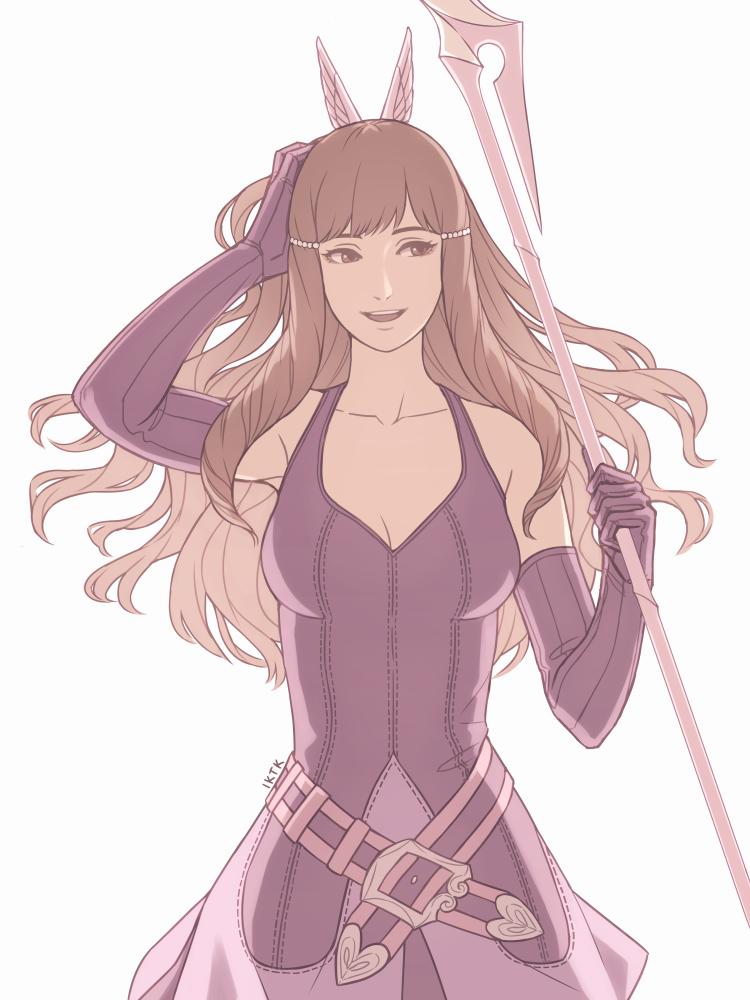 1girl arm_up artist_name belt breasts brown_hair cleavage dress elbow_gloves fire_emblem fire_emblem:_kakusei gloves hand_on_own_head holding holding_weapon iktk long_hair medium_breasts nintendo open_mouth polearm simple_background solo sumia upper_body weapon white_background