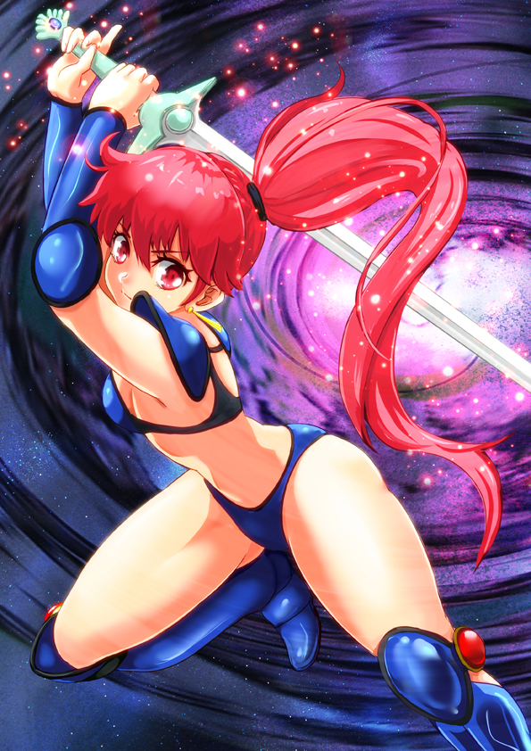 1girl armor arms_up asagiri_youko bikini bikini_armor blue_bikini blue_footwear boots breasts fighting_stance genmu_senki_leda knee_boots leg_up long_hair pauldrons red_eyes redhead side_ponytail small_breasts solo standing standing_on_one_leg swimsuit sword vambraces weapon yamasan_(hachiman)